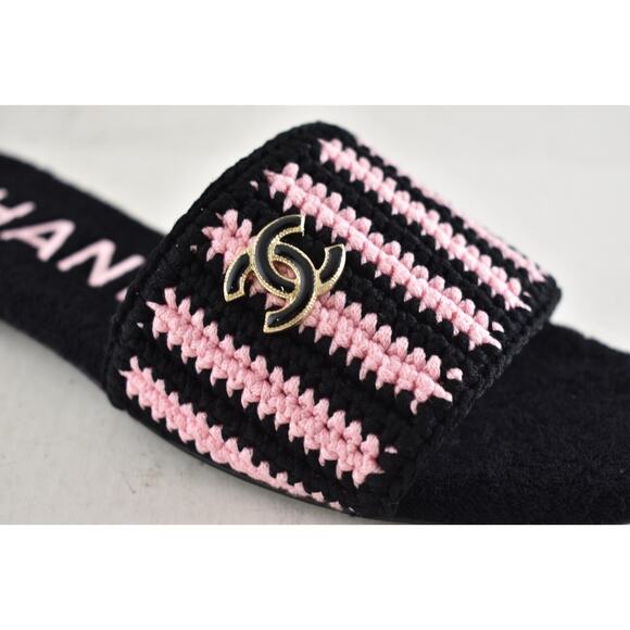 Chanel 24M Black Pink Crochet Stripe Camellia Flower Logo Mule Slide Sandal 39 - Picture 9 of 16